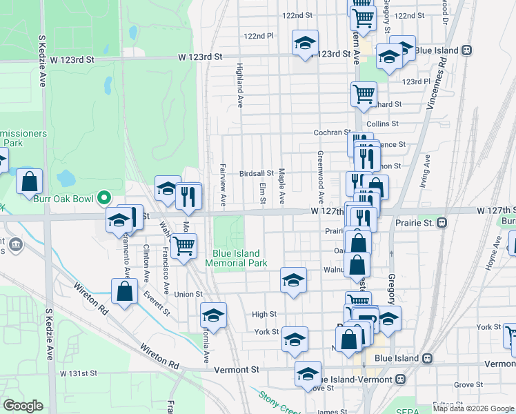 map of restaurants, bars, coffee shops, grocery stores, and more near 2649 Burr Oak Avenue in Blue Island