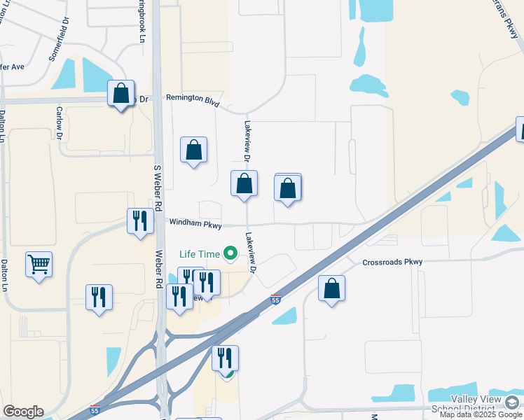 map of restaurants, bars, coffee shops, grocery stores, and more near 1263 Lakeview Drive in Romeoville