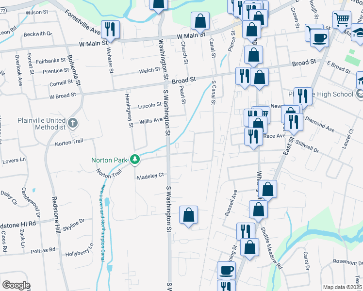 map of restaurants, bars, coffee shops, grocery stores, and more near 14 Prior Avenue in Plainville