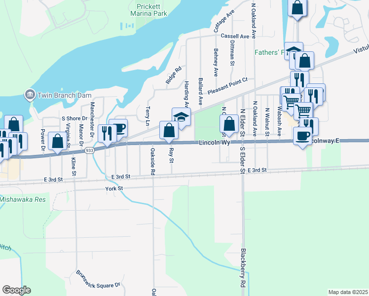 map of restaurants, bars, coffee shops, grocery stores, and more near 3831 Lincolnway East in Mishawaka