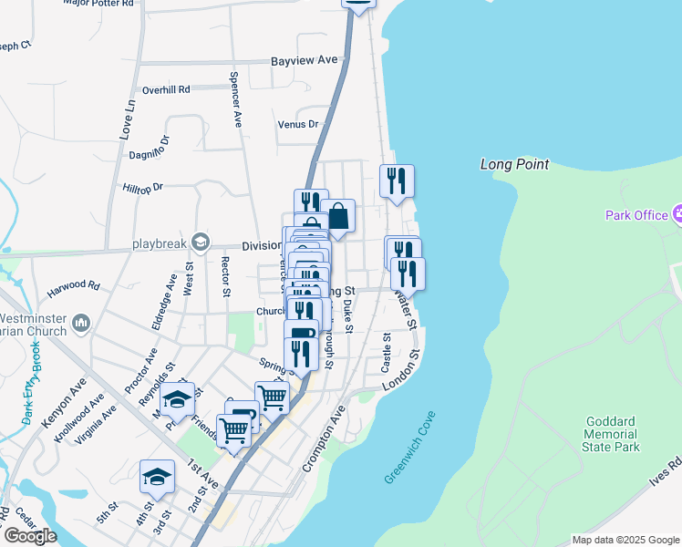 map of restaurants, bars, coffee shops, grocery stores, and more near in East Greenwich