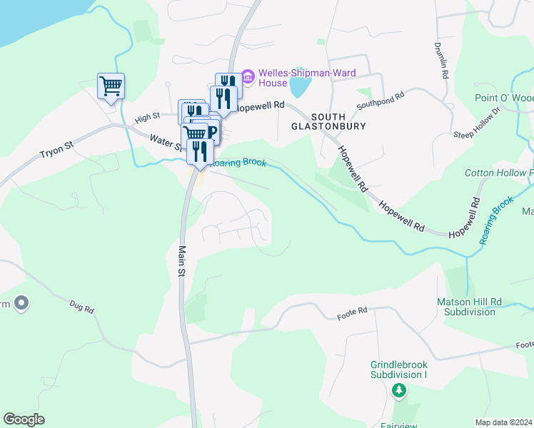 map of restaurants, bars, coffee shops, grocery stores, and more near 145 South Mill Drive in Glastonbury