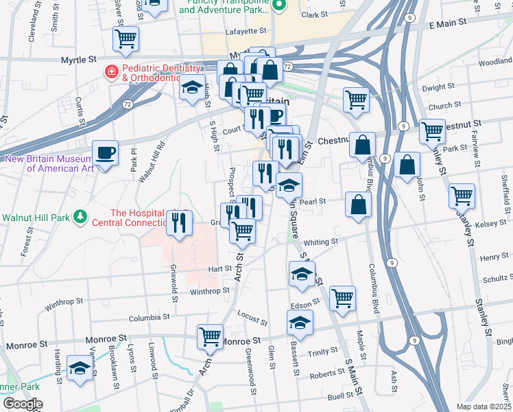 map of restaurants, bars, coffee shops, grocery stores, and more near 95 Glen Street in New Britain