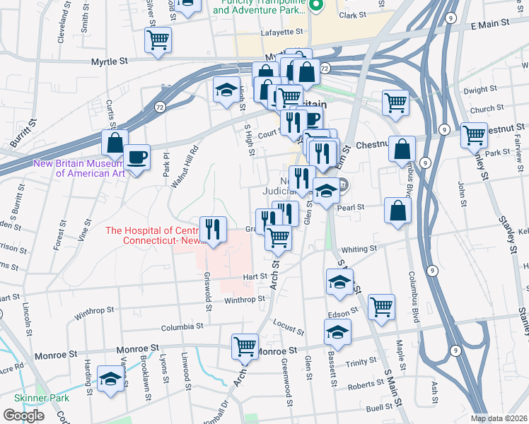 map of restaurants, bars, coffee shops, grocery stores, and more near 54 Camp Street in New Britain