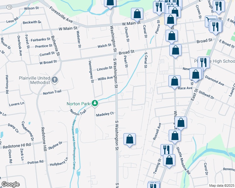 map of restaurants, bars, coffee shops, grocery stores, and more near 14 Prior Avenue in Plainville