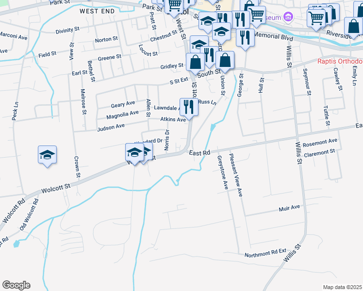 map of restaurants, bars, coffee shops, grocery stores, and more near 206 Wolcott Street in Bristol