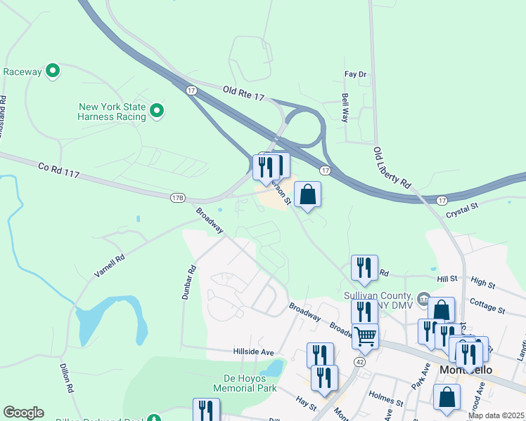 map of restaurants, bars, coffee shops, grocery stores, and more near 30 Pearl Street in Monticello