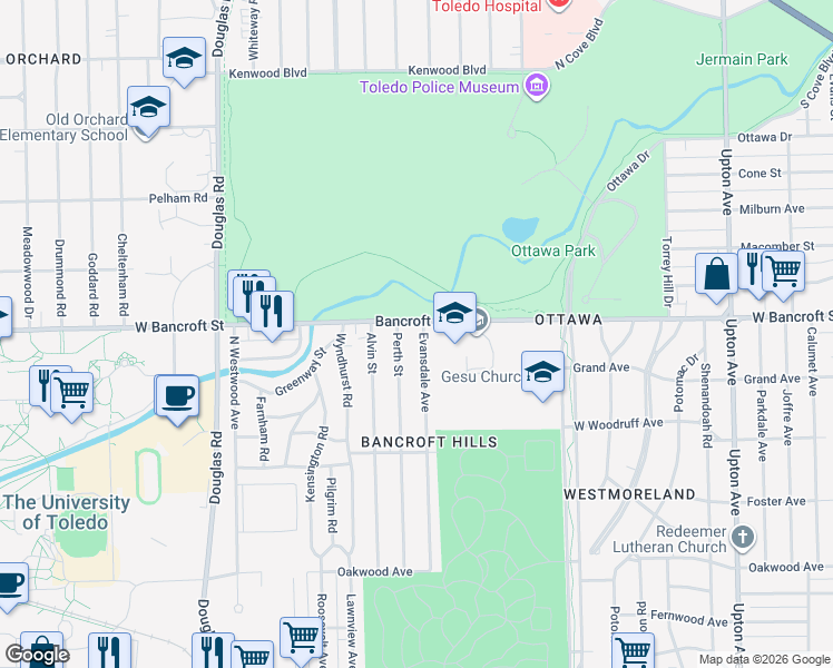 map of restaurants, bars, coffee shops, grocery stores, and more near 2140 Perth Street in Toledo