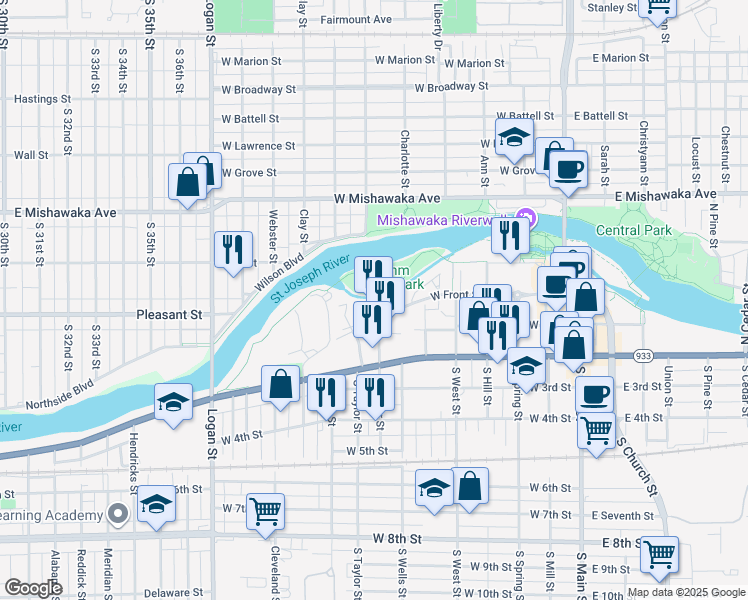 map of restaurants, bars, coffee shops, grocery stores, and more near 100 North Center Street in Mishawaka