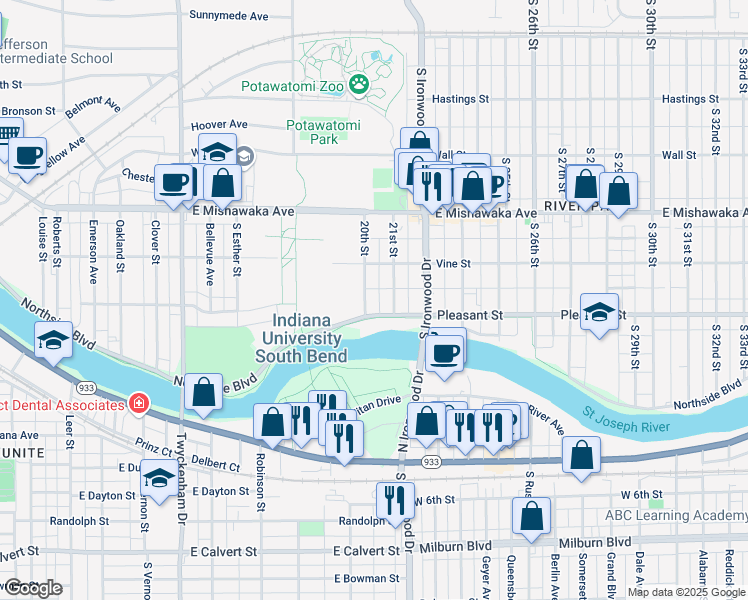 map of restaurants, bars, coffee shops, grocery stores, and more near 1123 21st Street in South Bend