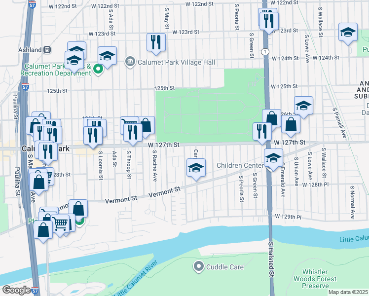 map of restaurants, bars, coffee shops, grocery stores, and more near 12720 South Carpenter Street in Calumet Park