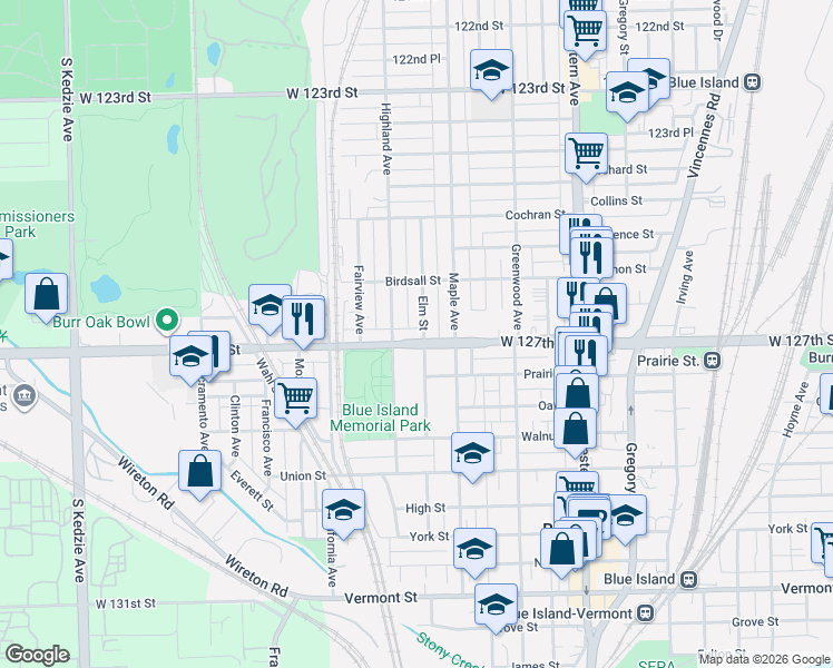 map of restaurants, bars, coffee shops, grocery stores, and more near 2649 Burr Oak Avenue in Blue Island