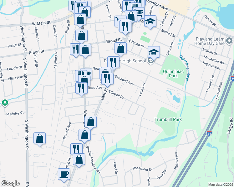 map of restaurants, bars, coffee shops, grocery stores, and more near 9 Pershing Drive in Plainville