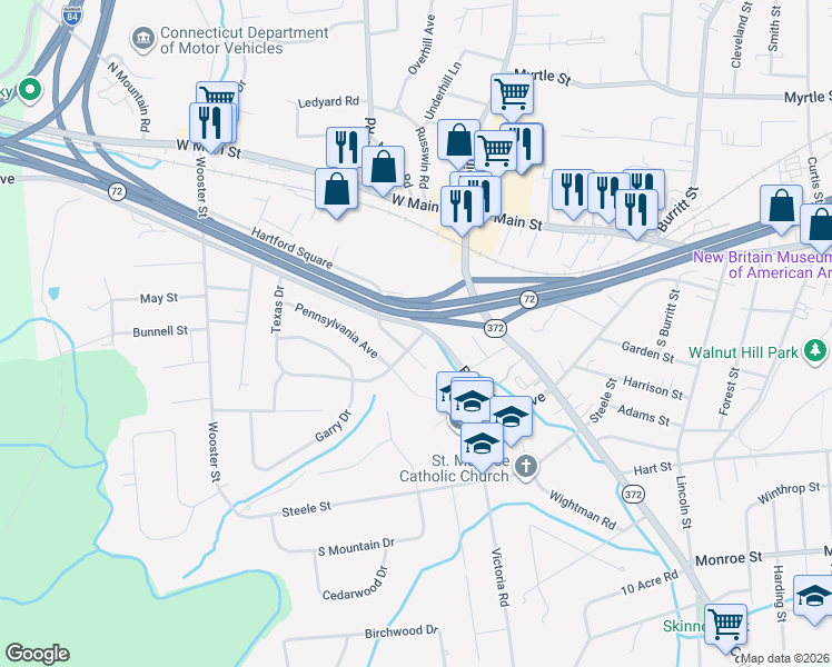 map of restaurants, bars, coffee shops, grocery stores, and more near 10 New Hampshire Drive in New Britain
