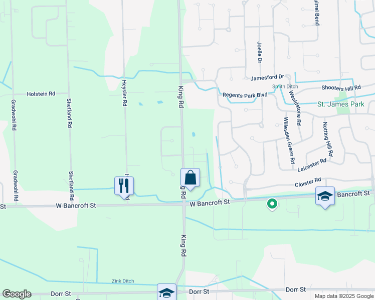 map of restaurants, bars, coffee shops, grocery stores, and more near 2365 Whispering Pines Drive in Toledo