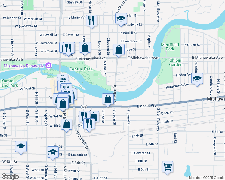 map of restaurants, bars, coffee shops, grocery stores, and more near 209 North Cedar Street in Mishawaka