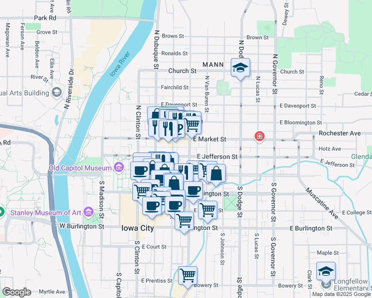 map of restaurants, bars, coffee shops, grocery stores, and more near 115 North Gilbert Street in Iowa City