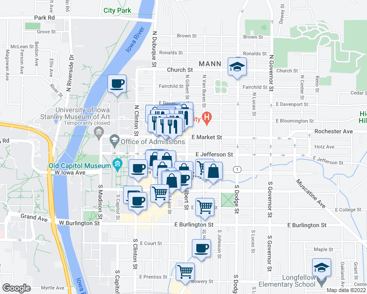 map of restaurants, bars, coffee shops, grocery stores, and more near 115 North Gilbert Street in Iowa City