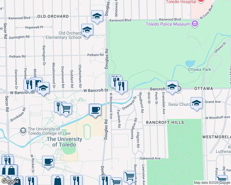 map of restaurants, bars, coffee shops, grocery stores, and more near 2649 West Bancroft Street in Toledo