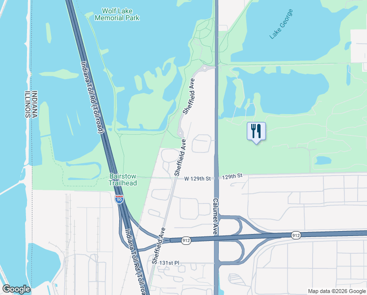 map of restaurants, bars, coffee shops, grocery stores, and more near Sheffield Avenue in Whiting