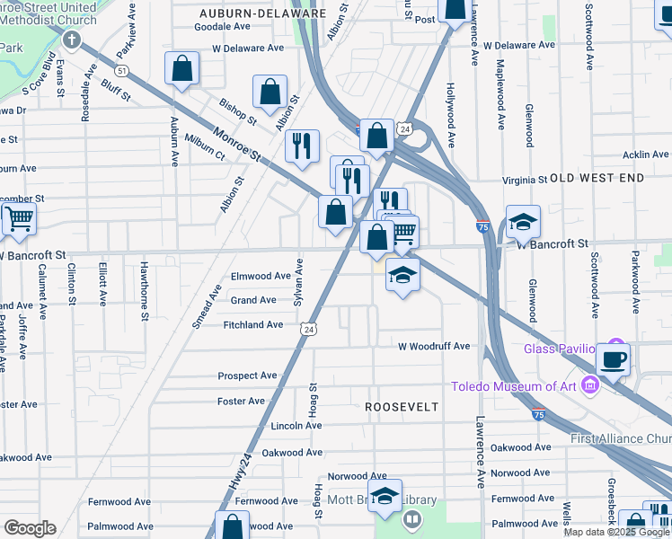 map of restaurants, bars, coffee shops, grocery stores, and more near 1120 Horace Street in Toledo