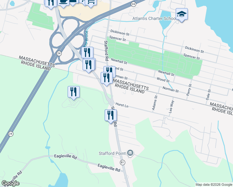 map of restaurants, bars, coffee shops, grocery stores, and more near 22 Hurst Lane in Tiverton