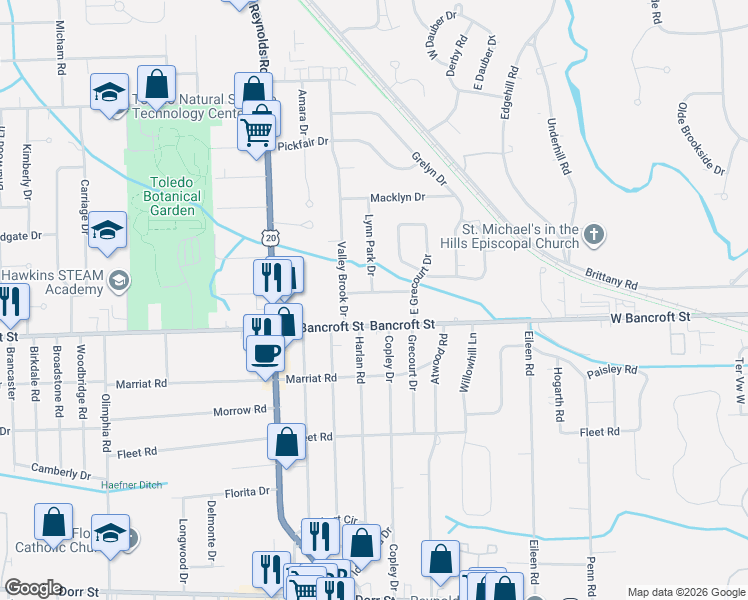 map of restaurants, bars, coffee shops, grocery stores, and more near 5126 West Bancroft Street in Toledo
