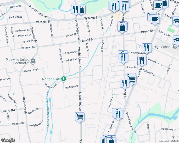 map of restaurants, bars, coffee shops, grocery stores, and more near 31 McDonald Street in Plainville
