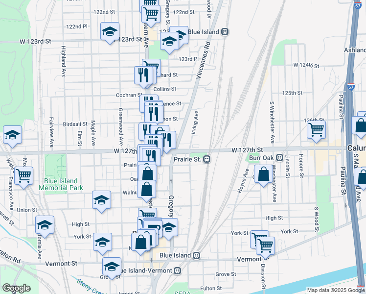 map of restaurants, bars, coffee shops, grocery stores, and more near 2250 Burr Oak Avenue in Blue Island