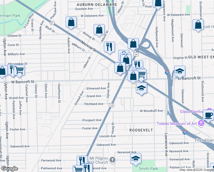 map of restaurants, bars, coffee shops, grocery stores, and more near 1315 Elmwood Avenue in Toledo