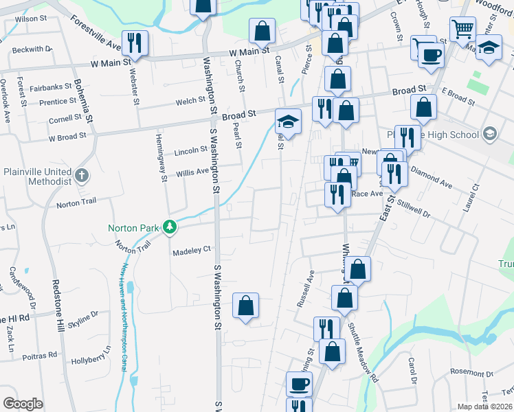 map of restaurants, bars, coffee shops, grocery stores, and more near 22 Roseleah Avenue in Plainville