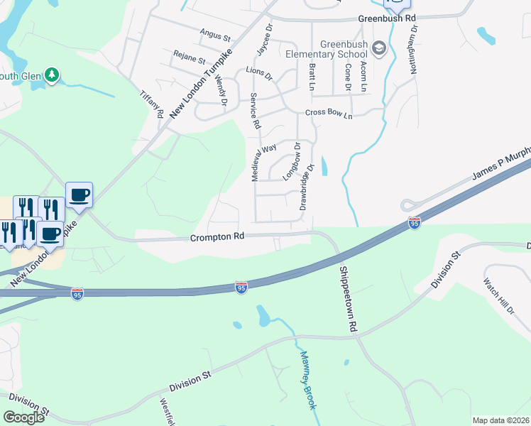 map of restaurants, bars, coffee shops, grocery stores, and more near 35 Drawbridge Drive in West Warwick