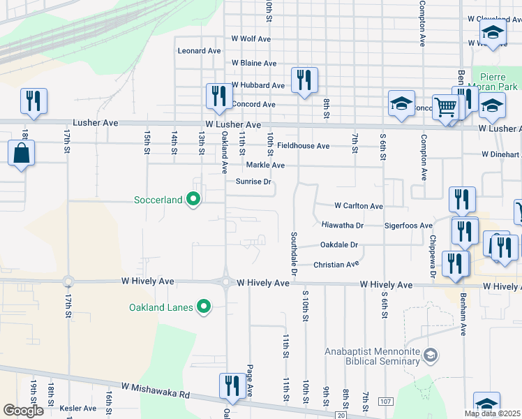 map of restaurants, bars, coffee shops, grocery stores, and more near 2518 Oakland Avenue in Elkhart