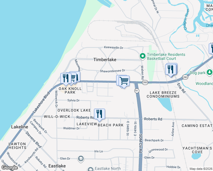 map of restaurants, bars, coffee shops, grocery stores, and more near 34850 Lakeshore Boulevard in Eastlake