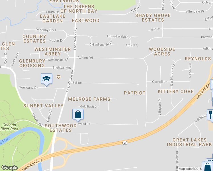 map of restaurants, bars, coffee shops, grocery stores, and more near 38646 Bell Road in Willoughby