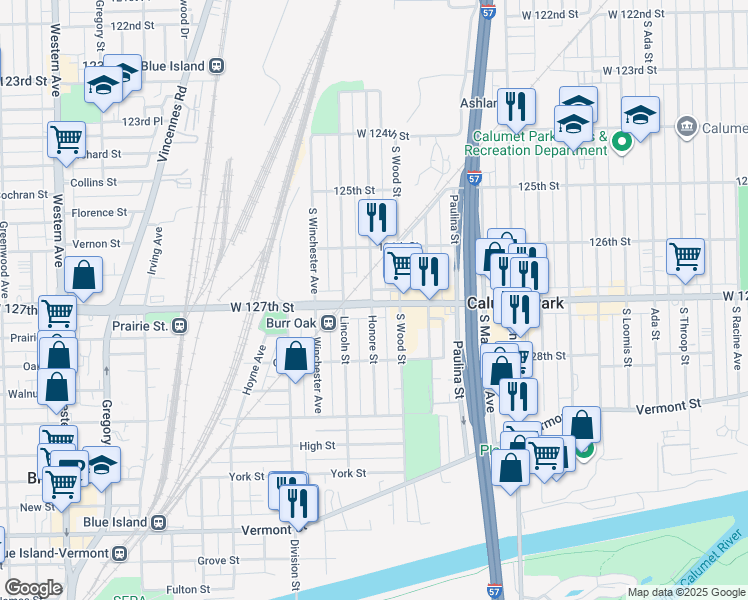 map of restaurants, bars, coffee shops, grocery stores, and more near 1824 West 127th Street in Riverdale