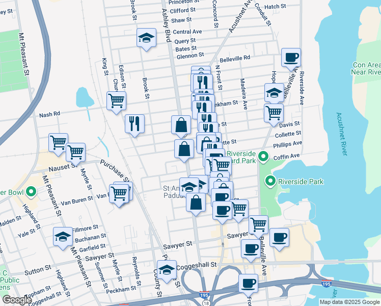 map of restaurants, bars, coffee shops, grocery stores, and more near 249 Phillips Avenue in New Bedford