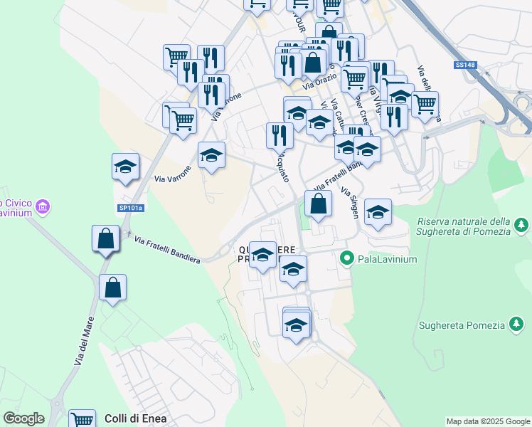 map of restaurants, bars, coffee shops, grocery stores, and more near 42 Via Ugo La Malfa in Pomezia