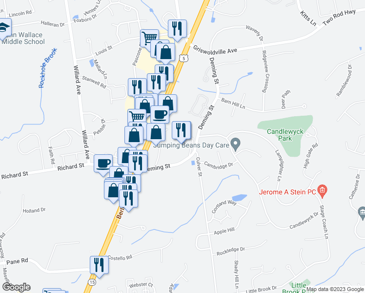 map of restaurants, bars, coffee shops, grocery stores, and more near 3164 Berlin Turnpike in Newington