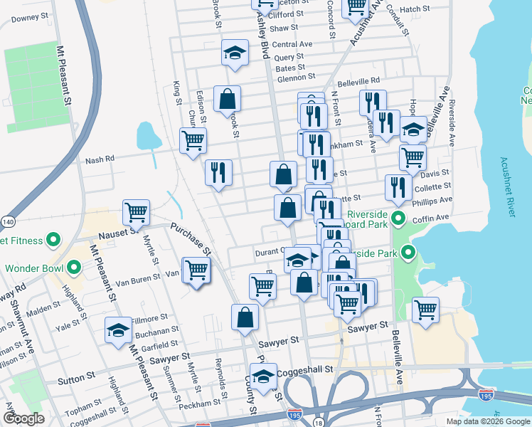 map of restaurants, bars, coffee shops, grocery stores, and more near 291 Phillips Avenue in New Bedford