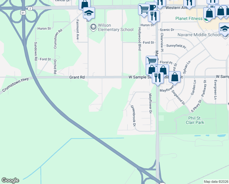 map of restaurants, bars, coffee shops, grocery stores, and more near 23818 Grant Road in South Bend