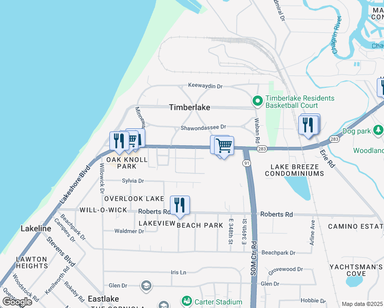 map of restaurants, bars, coffee shops, grocery stores, and more near 34850 Lakeshore Boulevard in Eastlake
