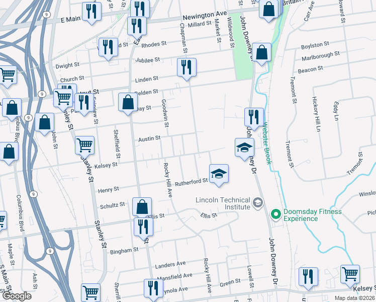map of restaurants, bars, coffee shops, grocery stores, and more near 229 Kelsey Street in New Britain