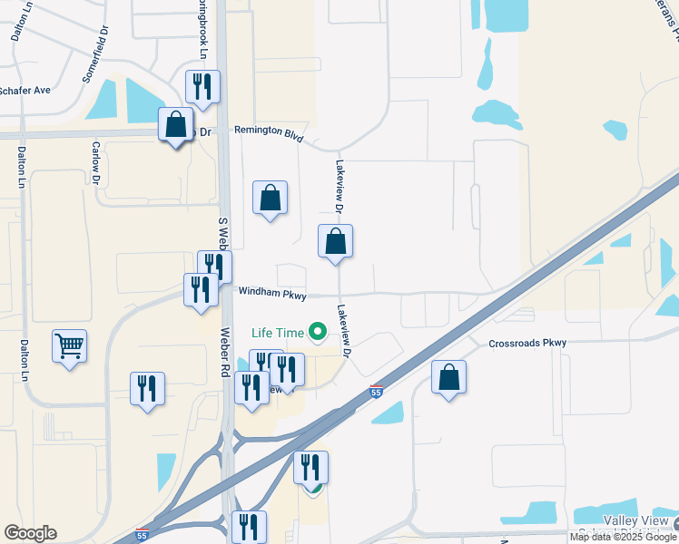 map of restaurants, bars, coffee shops, grocery stores, and more near 1263 Lakeview Drive in Romeoville