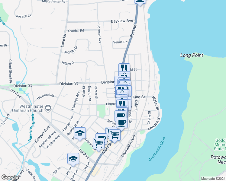 map of restaurants, bars, coffee shops, grocery stores, and more near 21 Court House Lane in East Greenwich