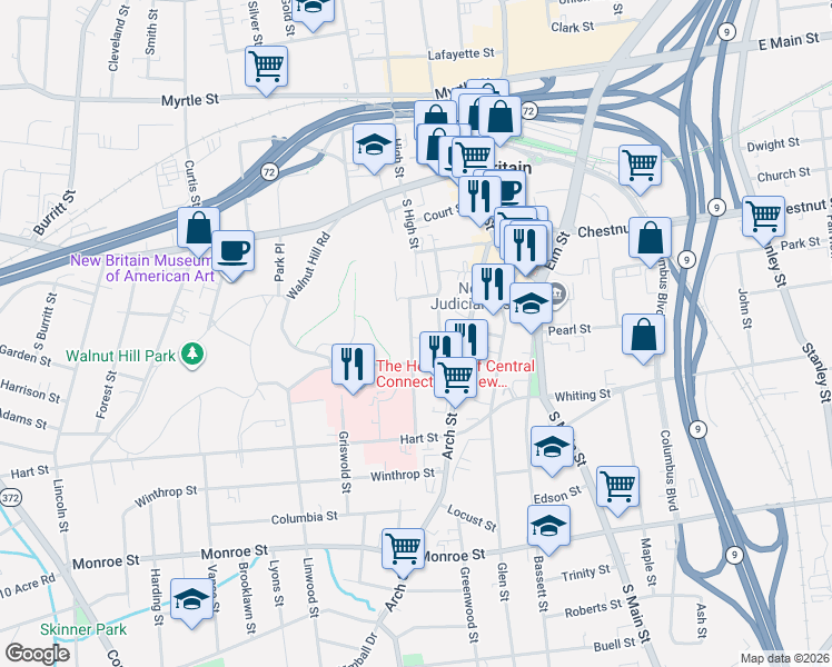 map of restaurants, bars, coffee shops, grocery stores, and more near 54 Camp Street in New Britain