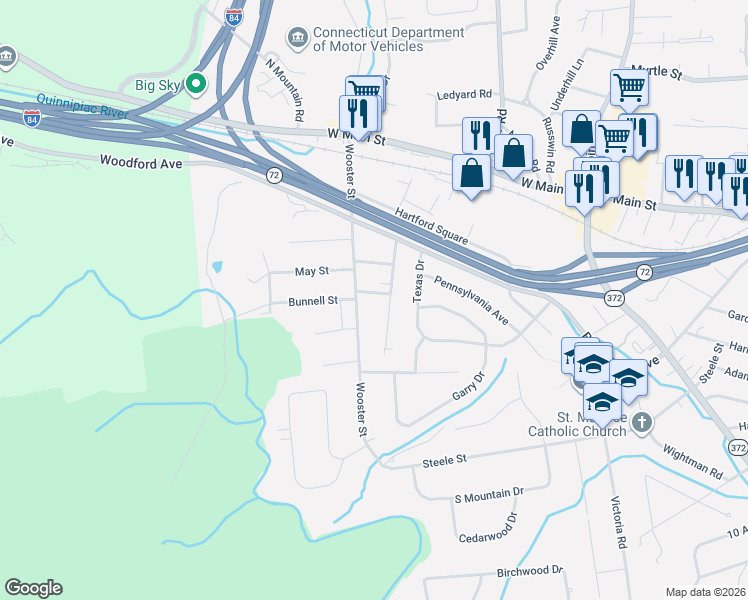 map of restaurants, bars, coffee shops, grocery stores, and more near 216 Wooster Street in New Britain