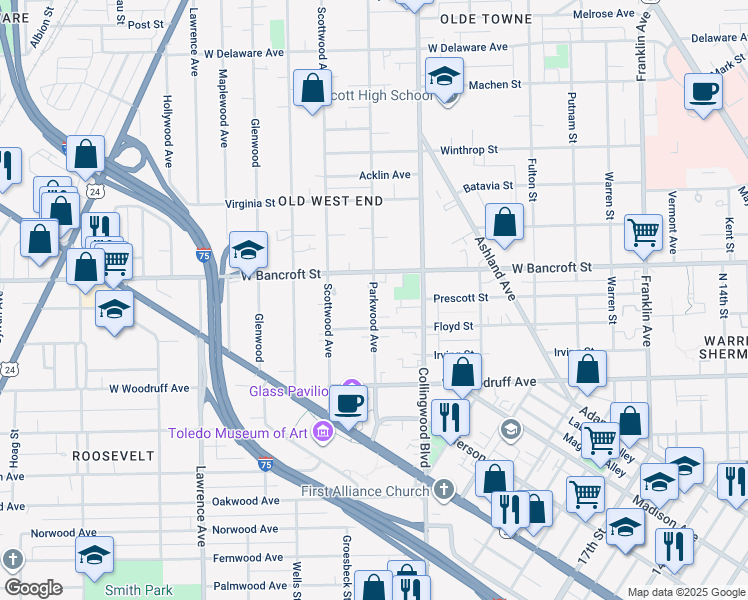 map of restaurants, bars, coffee shops, grocery stores, and more near 2107 Parkwood Avenue in Toledo