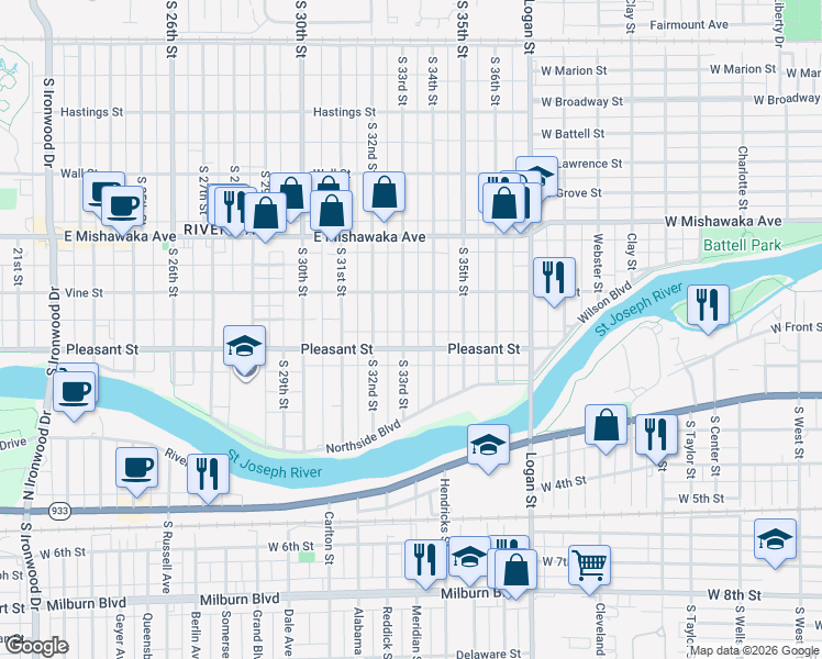 map of restaurants, bars, coffee shops, grocery stores, and more near 3317 Pleasant Street in South Bend