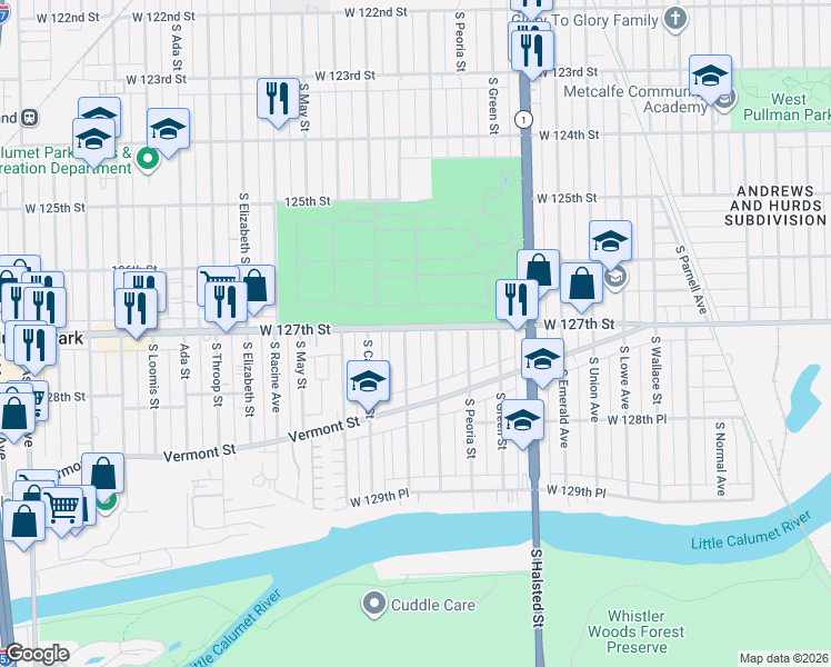 map of restaurants, bars, coffee shops, grocery stores, and more near 12720 South Morgan Street in Chicago